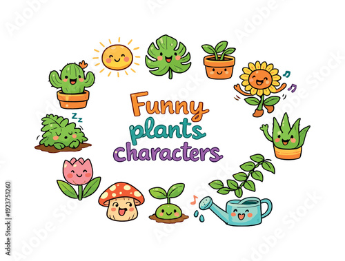 Funny plants characters. Hand drawn illustration of Funny plants characters. smiling cactus,