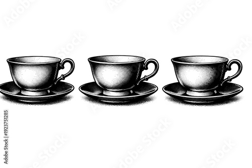 Coffee cup vintage teacup with saucer connection point and curved handle shown in three slightly varied side profiles. Black and white dot