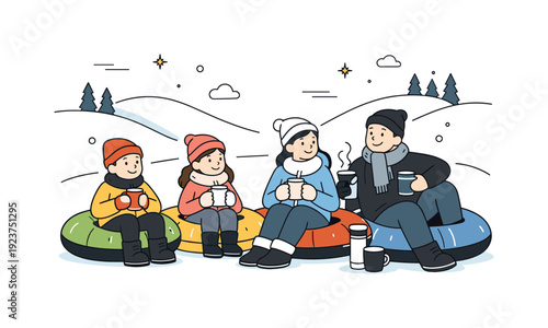 Happy family enjoying hot drinks after winter tubing fun on snowy hills