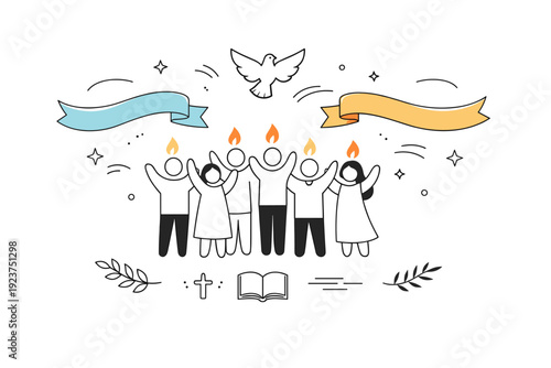 Pentecost celebration. Clean editorial scene with abstract figures, gentle flames, and flowing banners suggesting joy and spiritual renewal. Calm yet uplifting