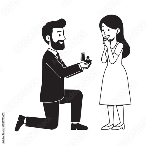 Man kneeling and proposing marriage to a surprised woman with an engagement ring.