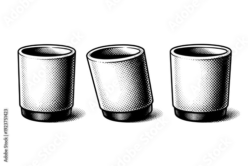 Coffee cup minimal cylindrical espresso cup without handle emphasizing rim thickness and base shown in three different side orientations.