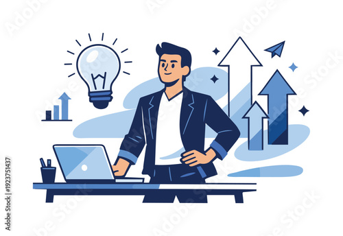 Entrepreneurship. Founder standing at a desk with a laptop, lightbulb and upward arrows