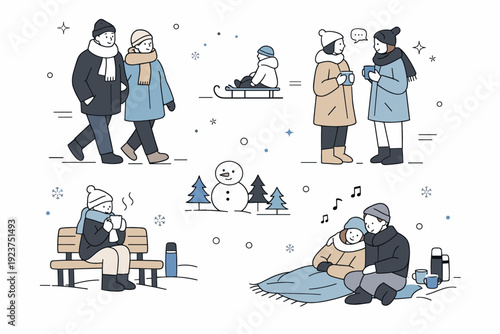 Winter leisure. A calm editorial scene of people enjoying simple winter activities like walking, chatting, or resting outdoors in warm