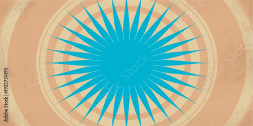 A vibrant vector illustration of the St Nicholas church ceiling features a circular sun design with blue and orange rays forming a spiral optical illusion pattern