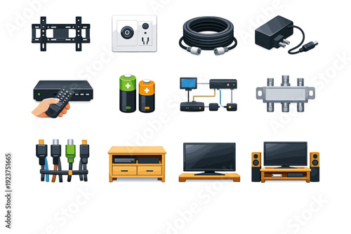 Home cable setup. Colorful flat vector icons set of home cable setup: wall TV mount, cable outlet port, coax cable roll, power adapter, set top box