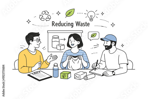 Sustainable Design Collaboration. The role of design thinking in reducing waste. Designers brainstorming ideas around reusable materials and simplified