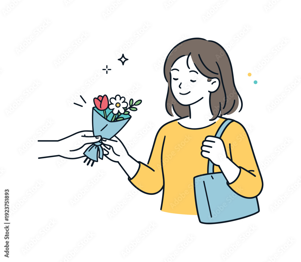 Obraz premium Woman receiving a bouquet of flowers from another person's hands