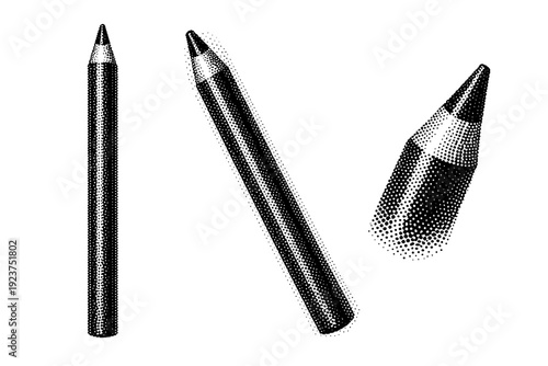 Eyeliner pencil makeup icon shown as a single cosmetic object displayed in straight-on view, angled view, and three-quarter perspective
