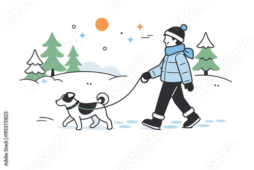 Snowy Walks Bliss. Snowy forest leisure walks. Person walking a dog along a snowy trail, gentle leash curve and matching footsteps, relaxed routine and quiet