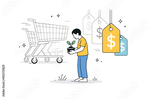 Late capitalism subtle metaphors. Individual carrying a small plant while towering shopping carts and price tags fade into the background.