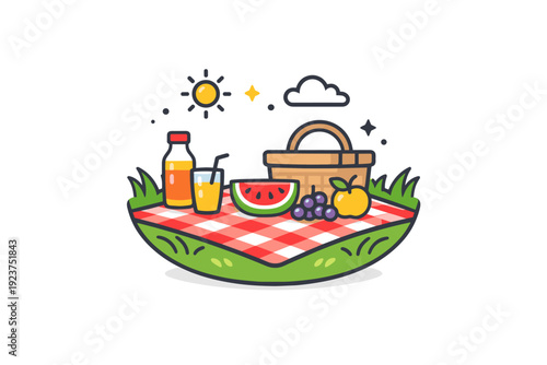 Picnics in the park focused on simple pleasures and mindful time spent outdoors. A visual badge with a blanket, fruit, drinks, and soft grass