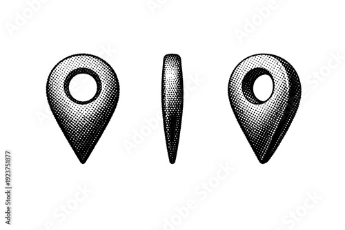Map pin icon designed as a single navigation symbol shown in front view, side view, and three-quarter view to demonstrate shape and depth.