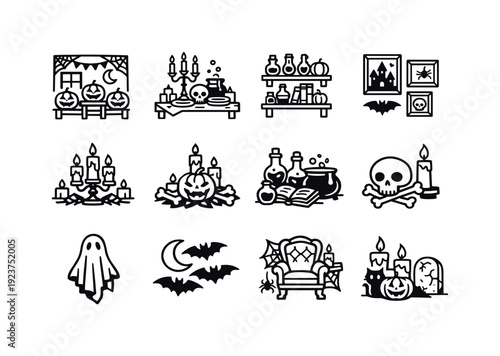 Indoor Halloween setup. Line outline icon set of indoor Halloween setup: decorated room,