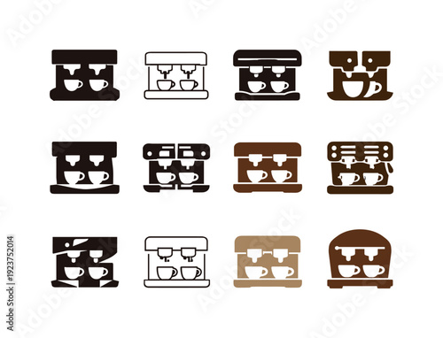 Collection of coffee machine icons in various styles and colors, brewing espresso