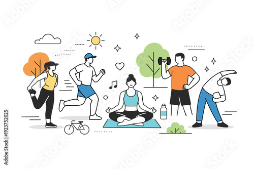 Outdoor fitness with people. Abstract composition of active human figures exercising outdoors with trees and open space shapes. Visual