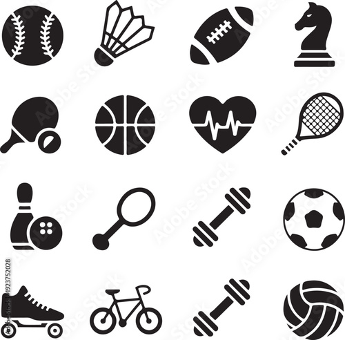 black and white icons of various sports and games on white background