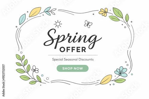 Spring offer poster design. Decorative leaves, petals, and curved frames gently surrounding a central text area. Clean and welcoming visual