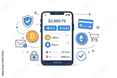 Crypto wallet illustration. A smartphone displaying a digital wallet with coins and transaction icons around. Secure and user-friendly