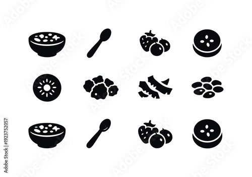 DIY smoothie bowl. Filled icon set of DIY smoothie bowl: smoothie bowl, spoon, berries,