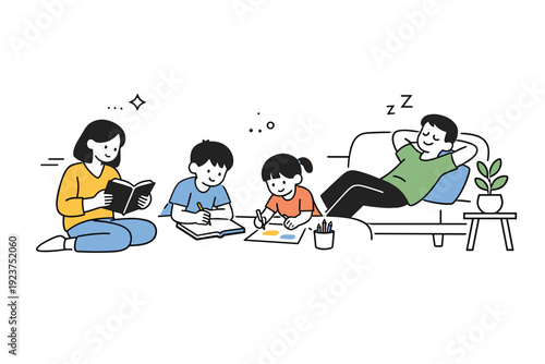 Families coexisting quietly. Parents and children relax in a room, one reading, another drawing, someone resting nearby. Independent moments,