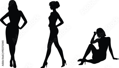 Elegant female silhouette collection in stylish poses isolated on white background, standing and sitting women figures, black vector fashion illustration set