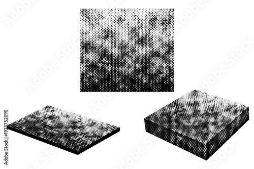 Dot Noise Texture. Black white soft dot noise texture. A soft dot noise texture tile is illustrated in three views: straight overhead view, angled side view,