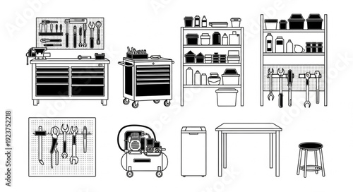 Collection of tools and equipment for workshop and garage use.