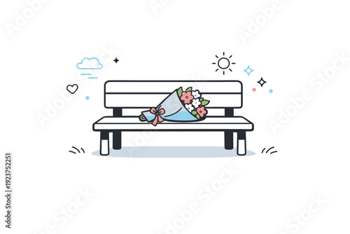 Quiet public moment. A bouquet resting alone on a bench in an open space, surroundings minimal and calm. Stillness emphasizing care, memory,