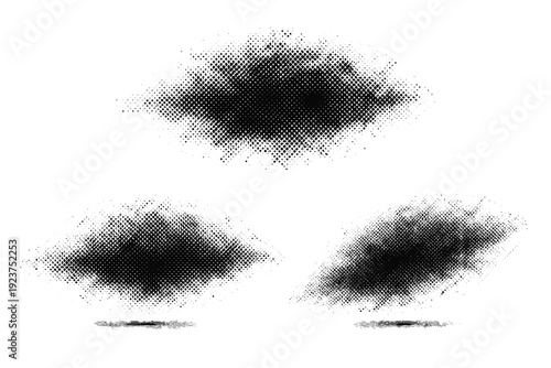 Rough halftone noise patch represented as one abstract grunge dot pattern object shown in three views: front view, side view, and three-quarter view