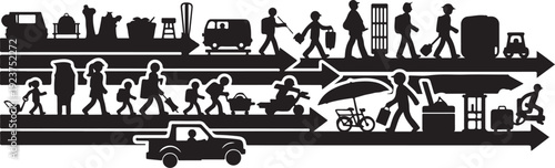 City Life Silhouette with Various Transportation and People Moving