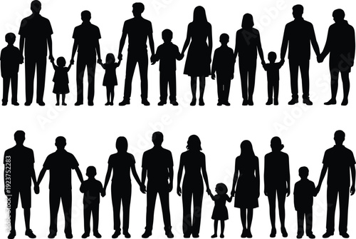 Family silhouettes collection with parents and children holding hands isolated on white background, black vector illustration set representing unity, love and togetherness concept