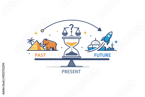 Time travel concept minimal symbols of past, present, and future arranged in balance, communicating speculation, ethics, and scientific implications of