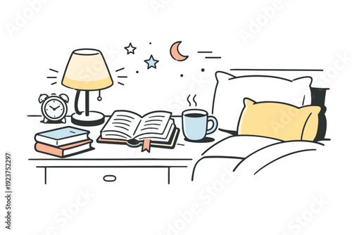 Bedroom reading setup. A bedside lamp casting soft light over books and pillows, calm nighttime routine and comfort-focused interior scene.