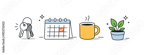 Keys, calendar, coffee, and plant icons representing daily routine and growth
