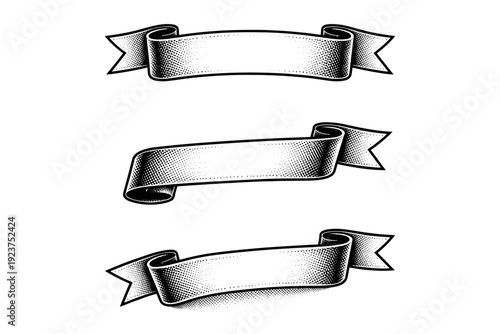 Folded dotted halftone border ribbon A folded border ribbon with visible bends shown in front view, side view, and three-quarter view as