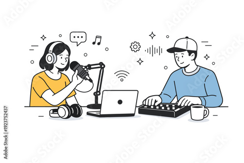 Podcasters recording episodes. Two characters adjusting microphones and audio levels before recording. Preparation moment, teamwork, and attention to sound