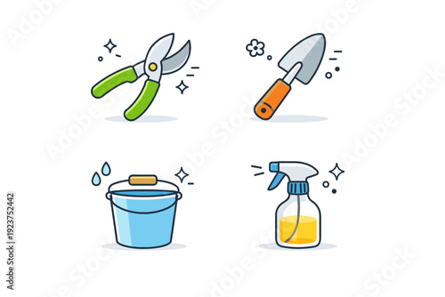 Spring tools flat icons. Hand tools for spring maintenance shown as modern, friendly icons, including pruners, trowel, bucket, and spray bottle. Calm and