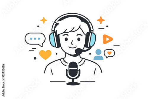 Digital influencer avatar. A stylized portrait of a person with friendly expression, headphones or microphone hinting at streaming or
