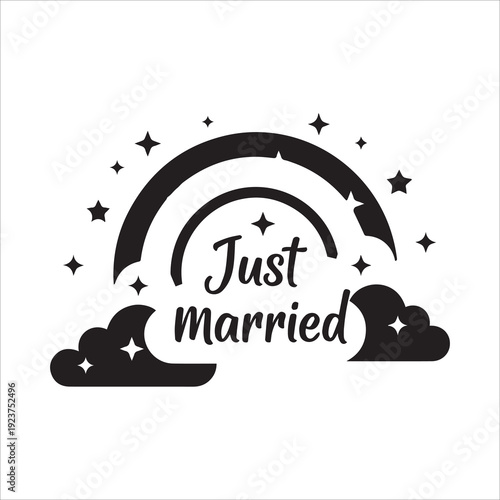 "Just Married" Wedding Celebration Rainbow and Stars Vector Silhouette Icon