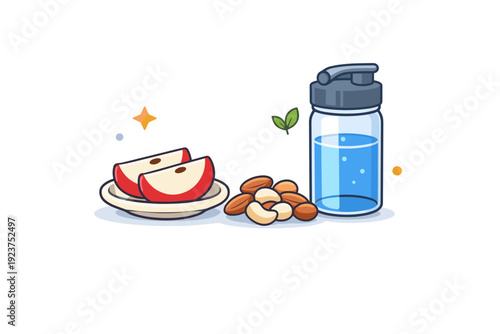Choosing healthy snacks for work a simple snack assortment with apple slices, nuts, and a water bottle, symbolizing balance, nourishment, and