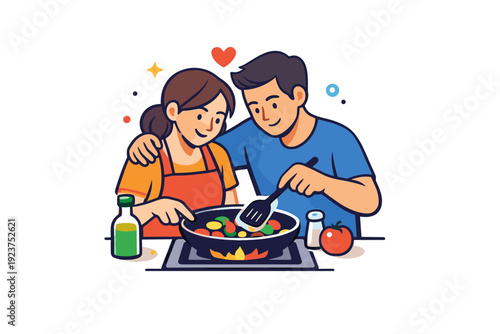 Couple cooking dinner together in the kitchen illustrated with warm gestures and shared focus on a single dish, highlighting trust, cooperation and emotional