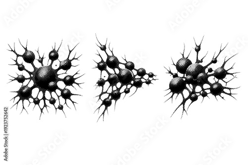 Neural network nodes, organic-style neural node formation with varied node sizes and branching connections shown from frontal, profile, and