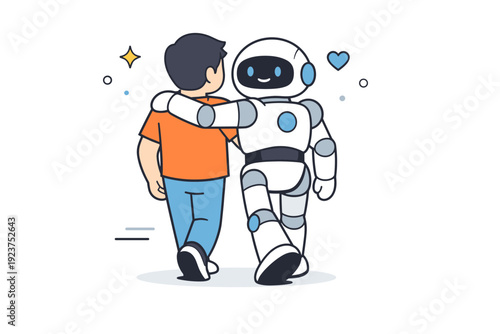 Human-robot companionship. A person and a robot walking together, close-up framing emphasizing presence and support. Quiet companionship and