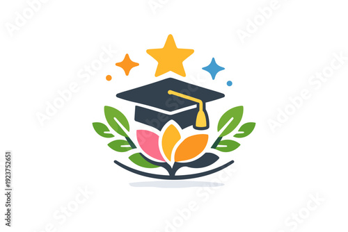 Students celebration spring abstract badge combining graduation cap, star icons, and blooming elements, representing success, motivation, and