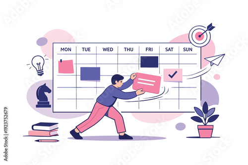 Weekly Calendar Planning. Weekly planning. Person dragging events across a weekly calendar view, smooth motion