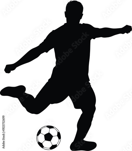 Male soccer player silhouette fiercely drives ball during intense.