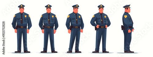 group of policeman standing in a row set flat style vector illustration isolated on white background