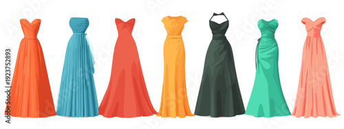 colorful designed evenening dresses flat style vector illustration isolated on white background