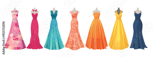 colorful designed evenening dresses flat style vector illustration isolated on white background